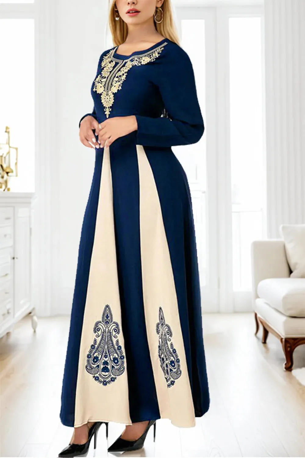 Printed Round Neck Long Sleeve Maxi Dress Casual Dresses - Tophatter Daily Deals